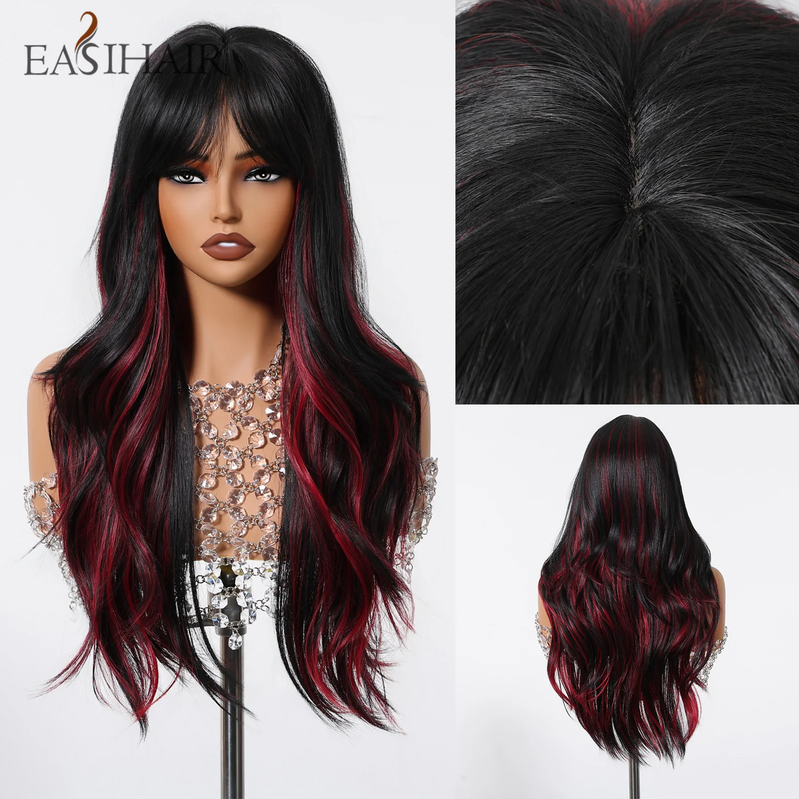 EASIHAIR Synthetic Long Red Black Wavy Wig with Bangs for Women Highlight Halloween Cosplay Party Fake Hair Wigs Heat Resistant