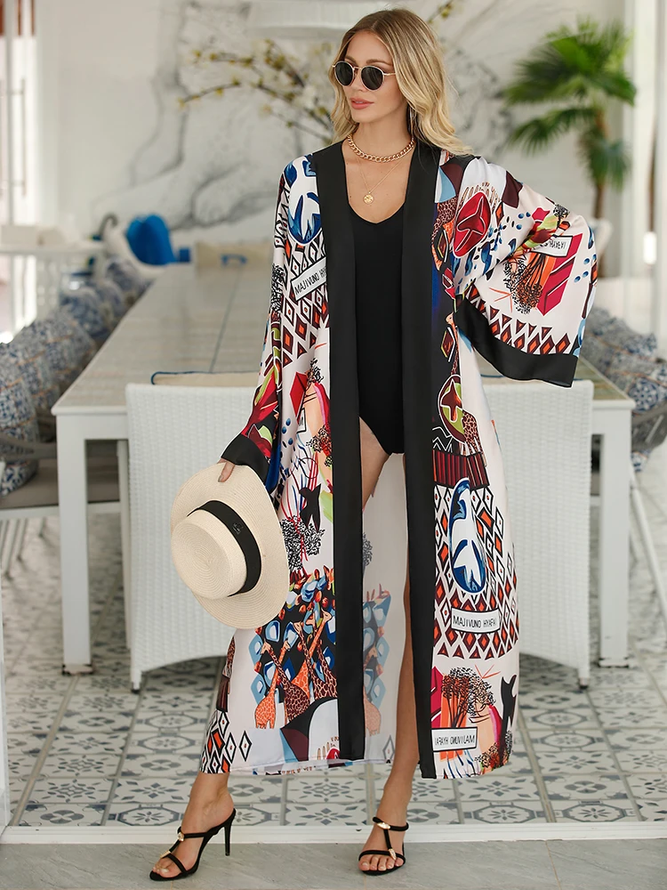 Styl boho Kimono okrycie plażowe z długim rękawem, z nadrukiem w stylu Tribal kardigan Kimono, osłona przeciwsłoneczna z otwartym przodem kostium