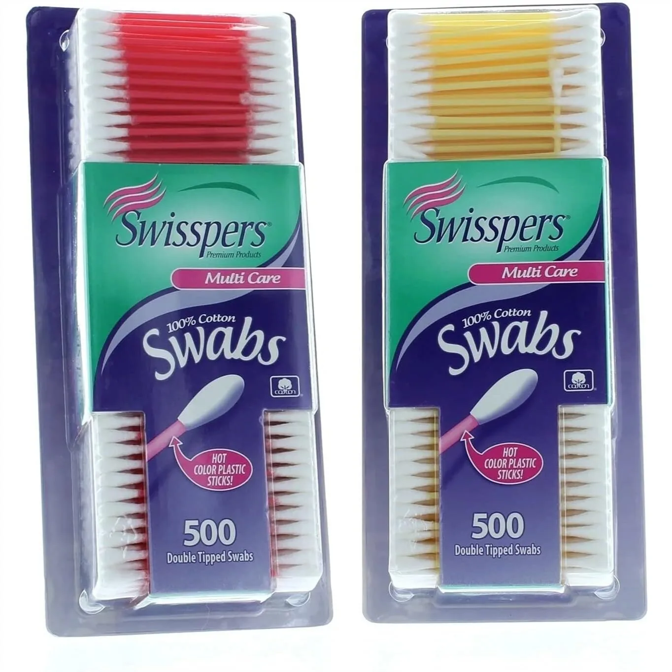 

100% Cotton Swabs, Hot Color Plastic Sticks, 500 per Pack, Multi-Purpose for Makeup & Cleaning - 2 Pack