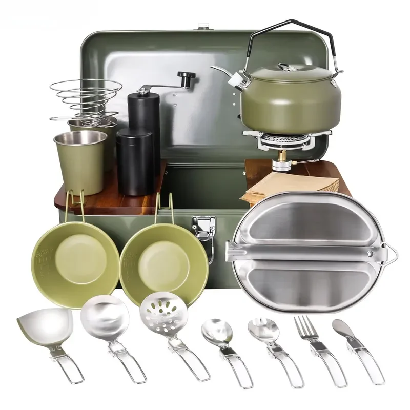 Camping Cookware Kit Stainless Steel Cups Kettle Coffee Travel Bag Set Including Plates Forks Knives Coffee Set