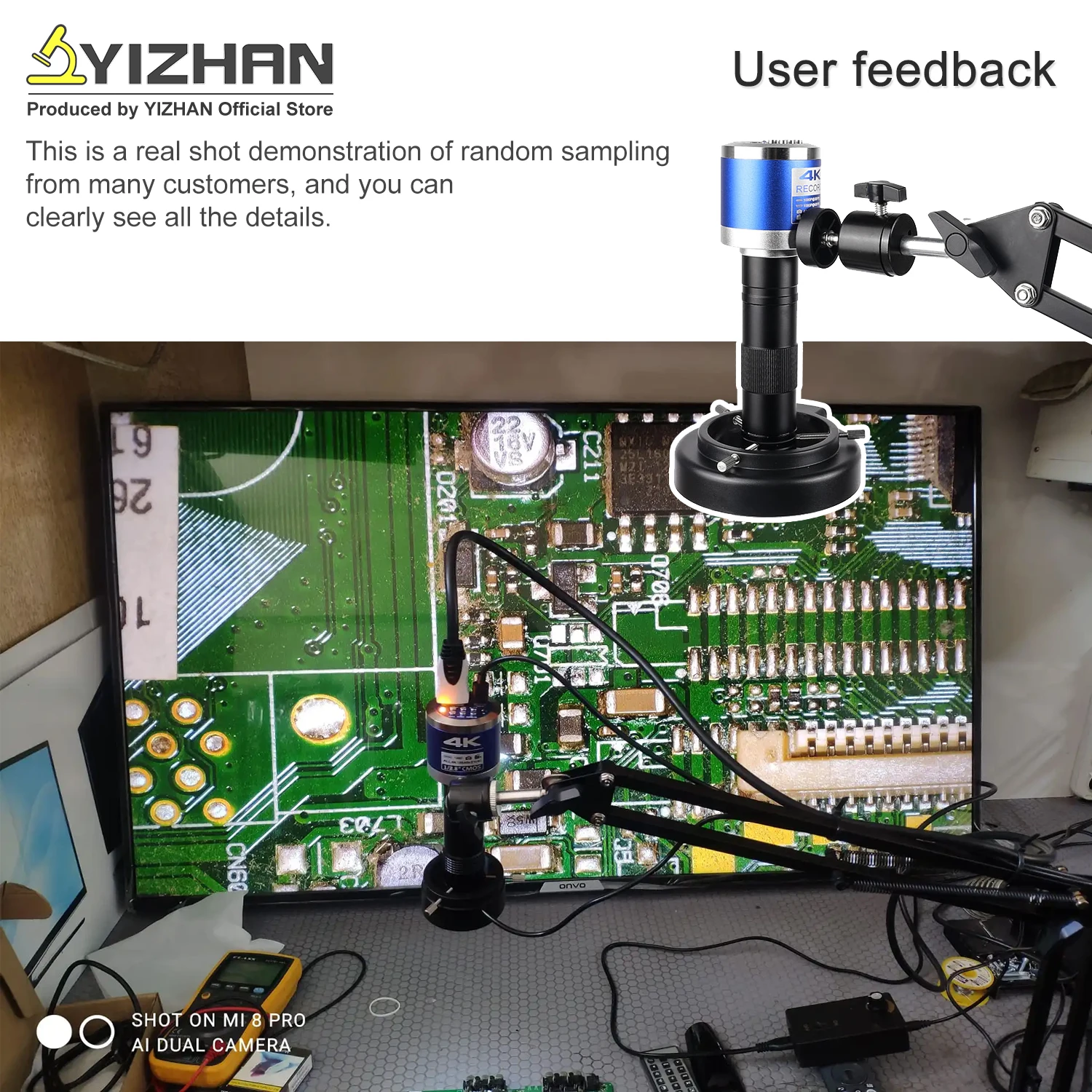 YIZHAN 4K Electronic Digital Microscope For Soldering IMX415 Sensor HDMI USB VGA Anti-vibration Mount With Software 150x Lens
