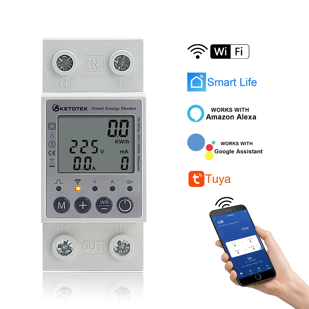 WIFI Din Rail Smart Energy Power Meter KWH AC Single Phase 63A 220V Voltmeter Ammeter Wattmeter Remote Switch Control Monitor 