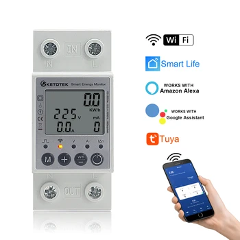 WIFI Din 레일 스마트 에너지 전력계, KWH AC 단상 63A 220V 전압계 전류계 전력계 원격 스위치 제어 모니터 