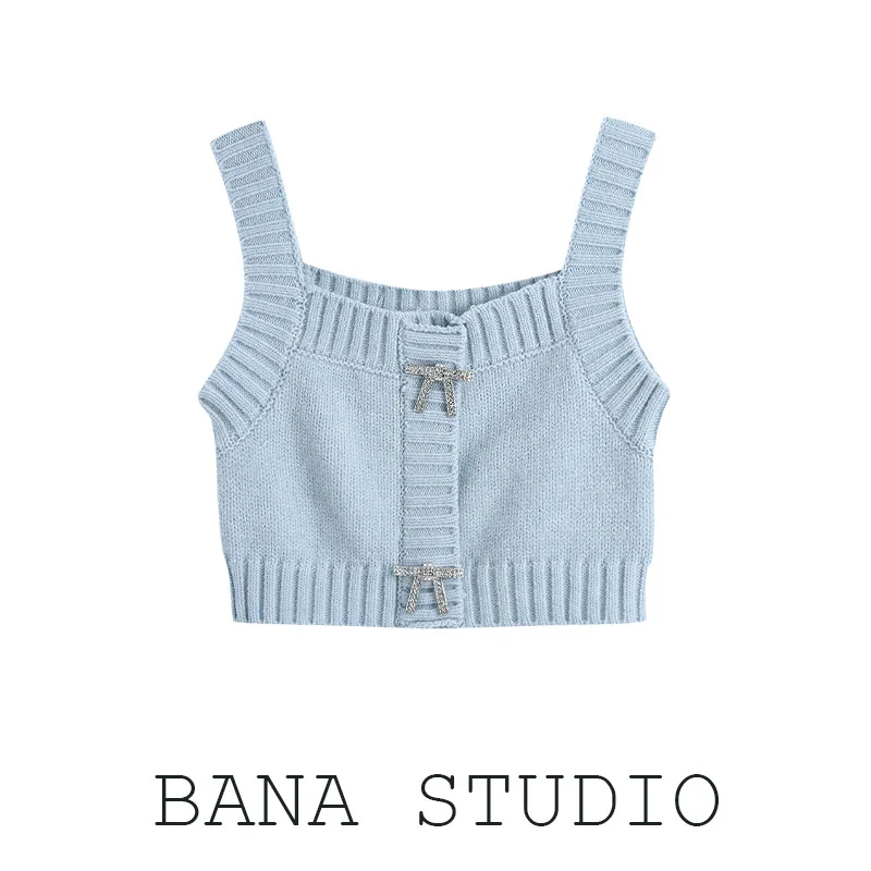 

BANA Street Sle вязаный жилет с высокой талией и квадратным воротником, женский модный однотонный топ со съемным узлом