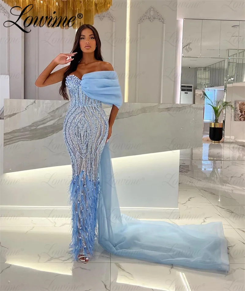 Blue Beads Pearl Formal Occasion Dresses Customize Long Train Feathers Women Arabic Wedding Party Dress Evening Gowns Vestidos