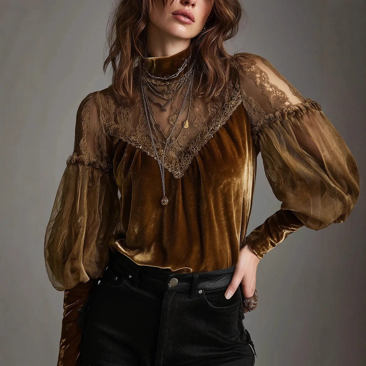 Fashion Women's Velvet Lace Splicing Lantern Long Sleeve Blouse High Neck Elegant Versatile Trendy Casual Commute Daily Wear Top