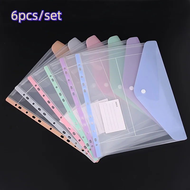 6pcs Plastic Envelopes Binder Pocket 11 Holes Expandable Binder Folders for 2/3/4 Ring Document Pouch with Snap Button