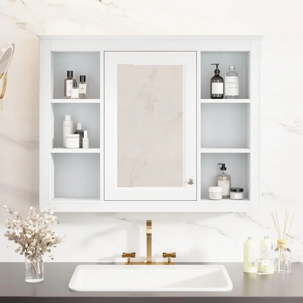 Bathroom Medicine Cabinet with Mirror, 35" x 27.5" Wall Mounted Medicine Cabinet with Single Door and Shelves, Over The Toilet