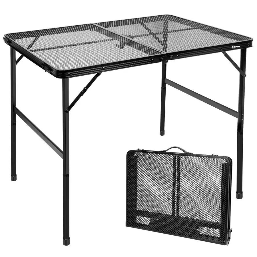 

Folding Table with Adjustable Height 16.5 amp 26, Black Metal Mesh Table with Carry Handle, Portable for Camping, Tailgating, B