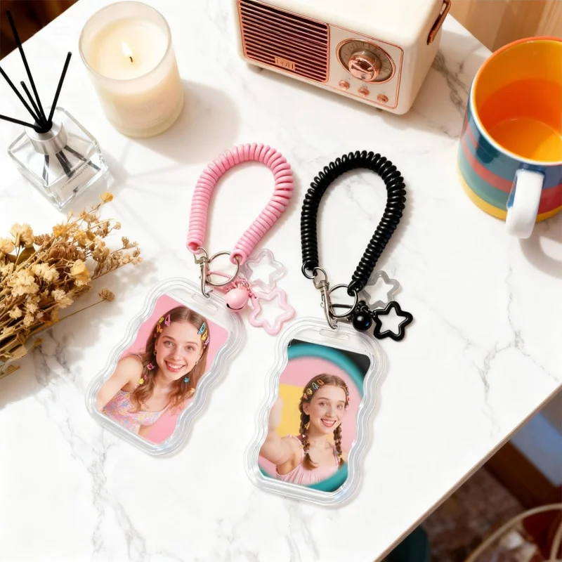 2 Pack Cute Photocard Holder Keychain Kpop Photo Card Holder, Transparent PC Holder with Star Wave Design for Bus Student Card, - view 6