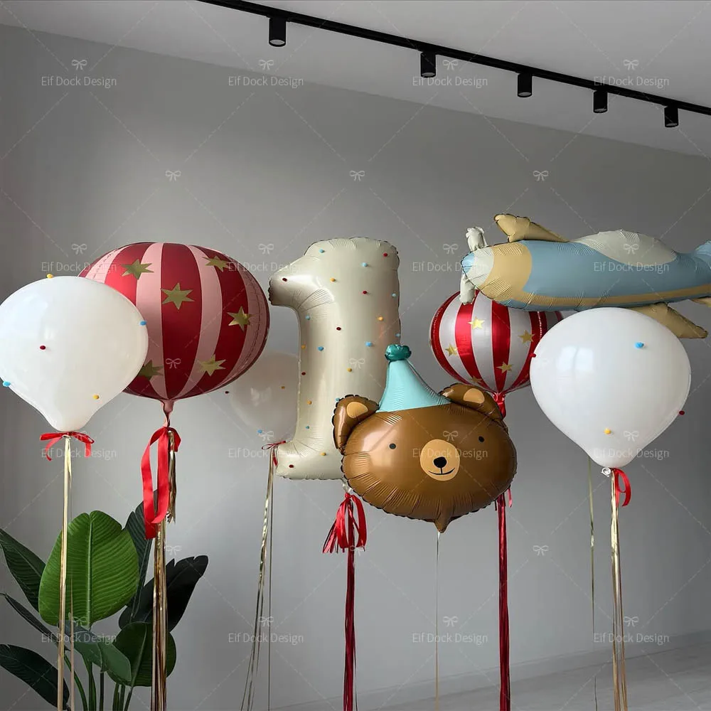 9pcs/Set Matte Airplane Cartoon Birthday Bear Red-striped Foil Balloon Cream Number for Birthday Anniversary Party Decor Gifts