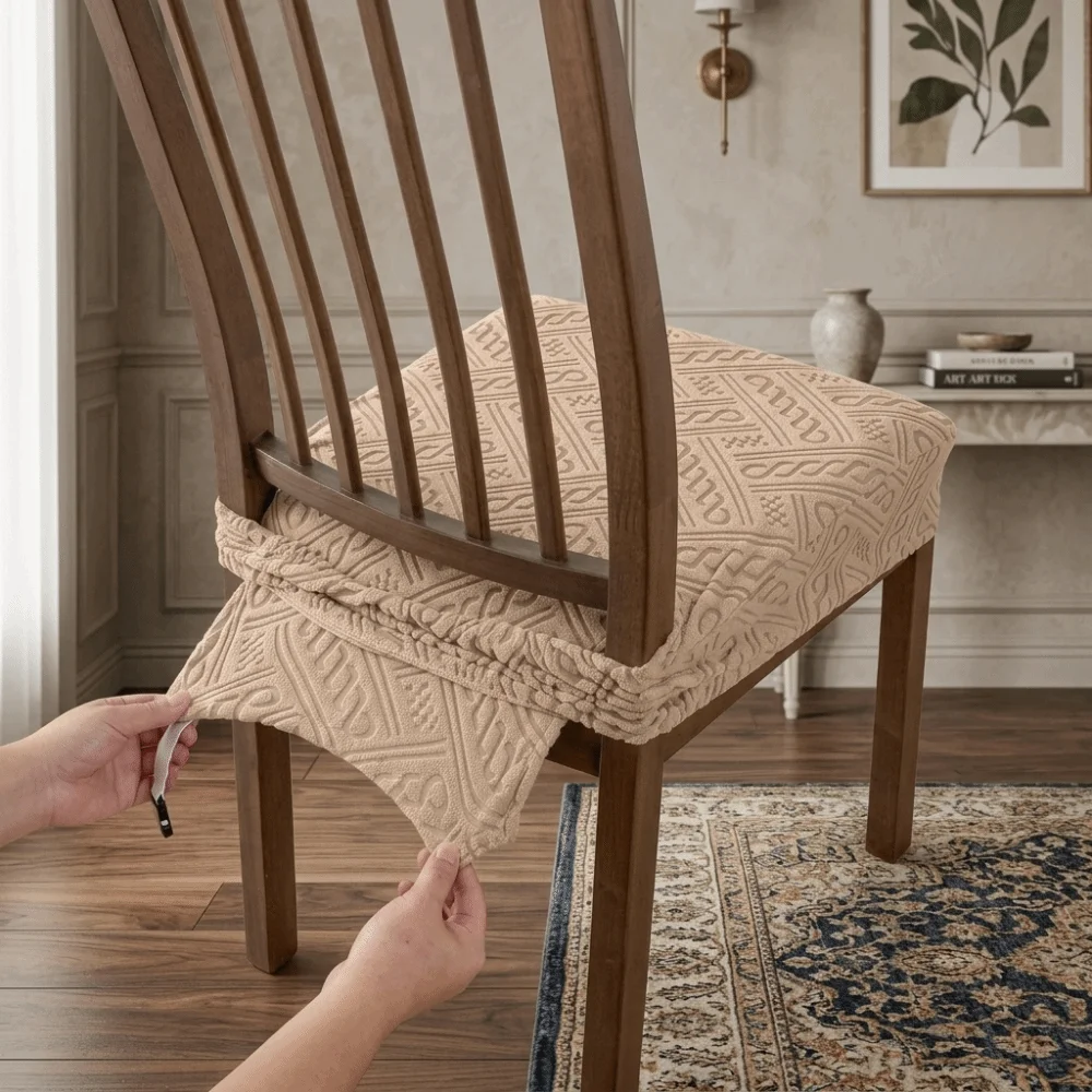 Minimalist Non-Slip Jacquard Dining Chair Slipcover Removable Solid Color Stool Cover Anti-dirty Breathable Seat Protector Hotel