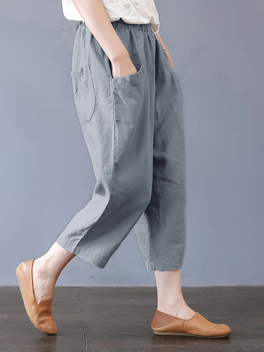 Women Casual Loose Wide Leg Cropped Pants Solid Color Elastic Waist Pockets Vintage Female Harem Capris Trousers Chic Soft 2026