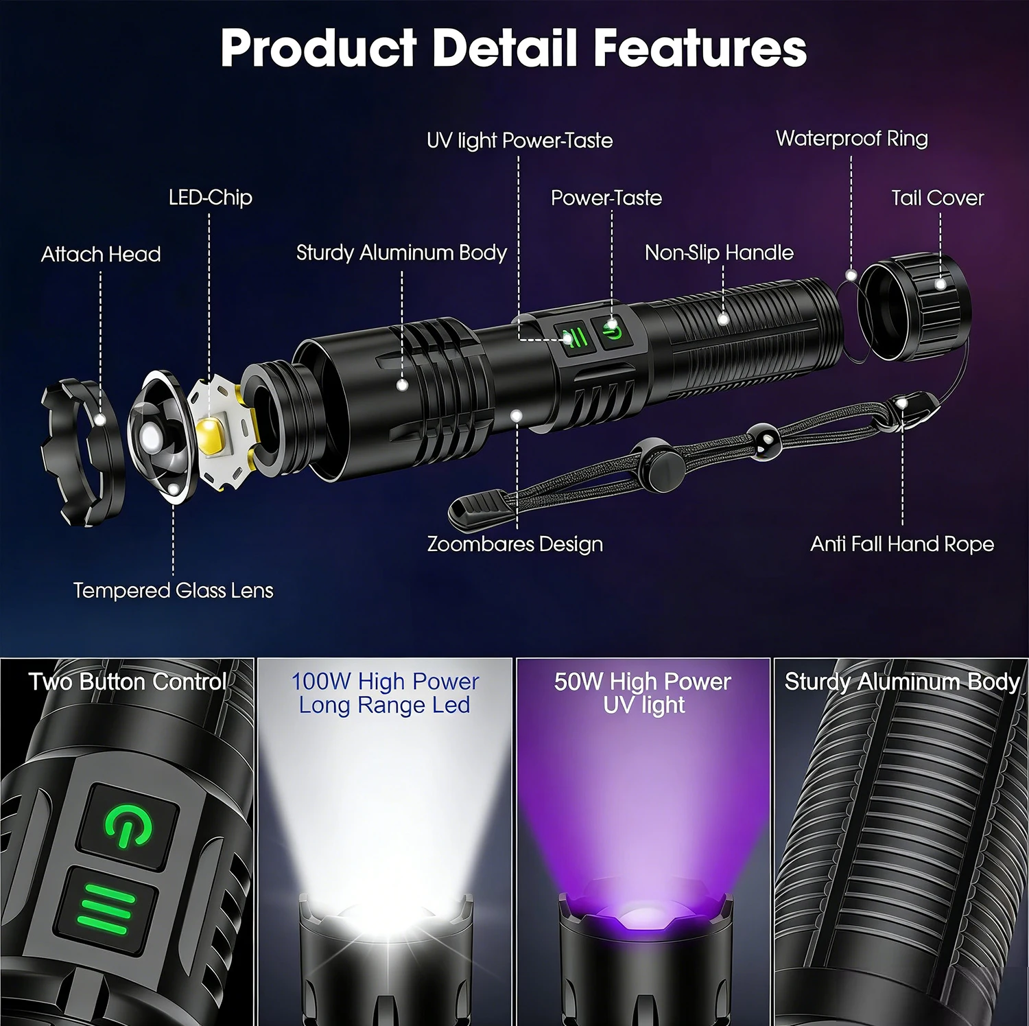 Powerful White+UV Flashlight Rechargeable Zoomable Camping Torch 365nm Blacklight for Pet Urine Detection Resin Curing Scorpion
