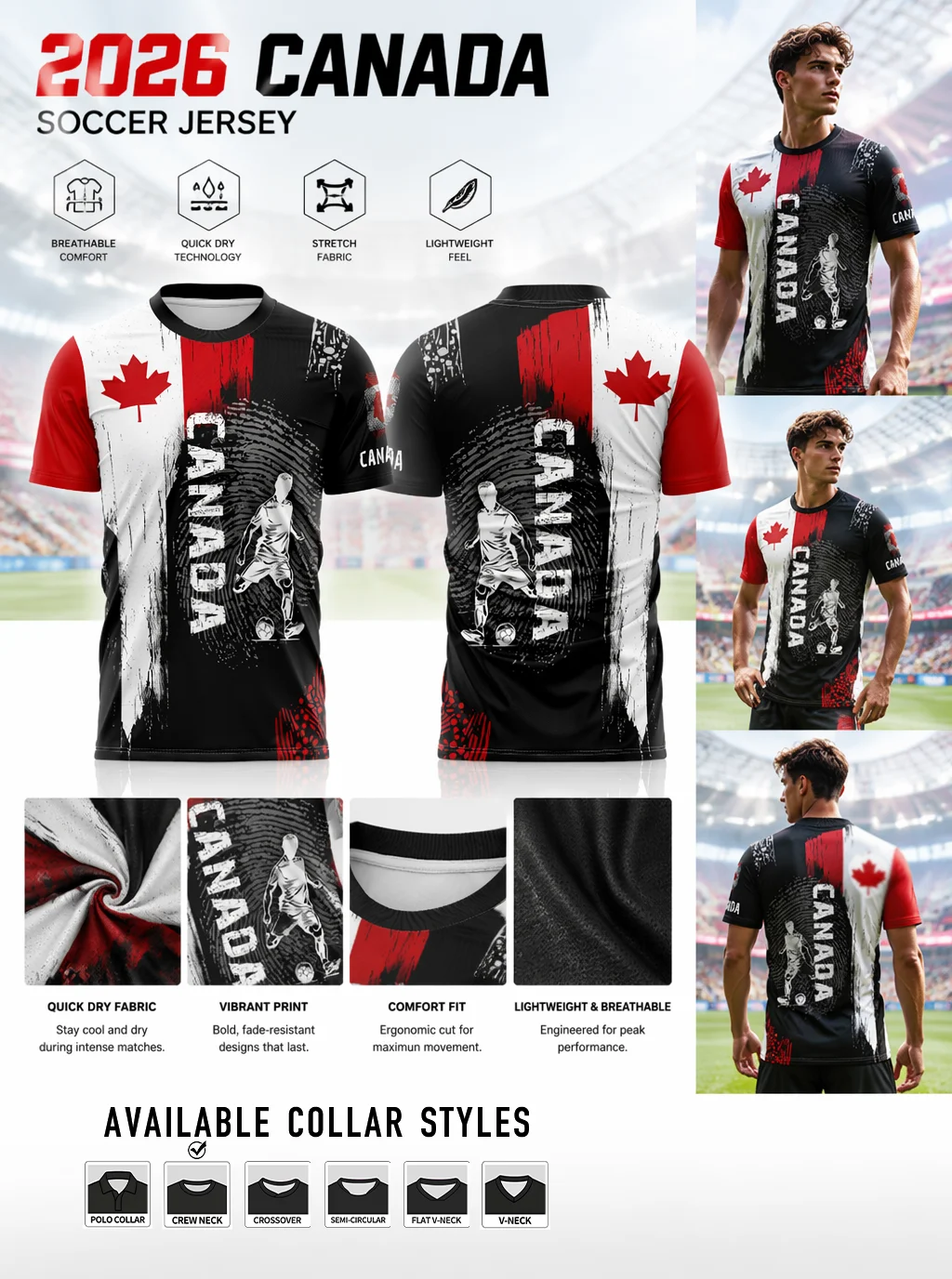 Canada soccer jersey,brush‑stroke splice,maple leaf,player silhouette,quick‑dry,multiple collar styles