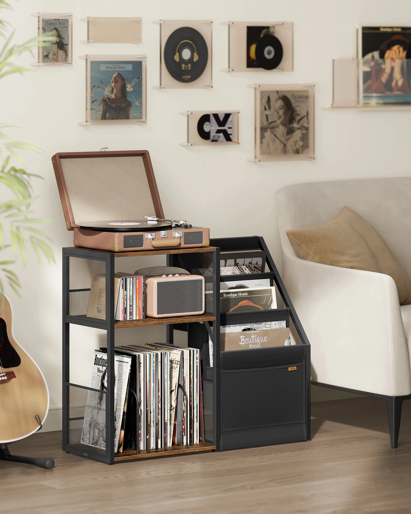 VASAGLE Record Player Stand, 3-Tier Side Table, Vinyl Record Storage up to 140 Albums, End Table