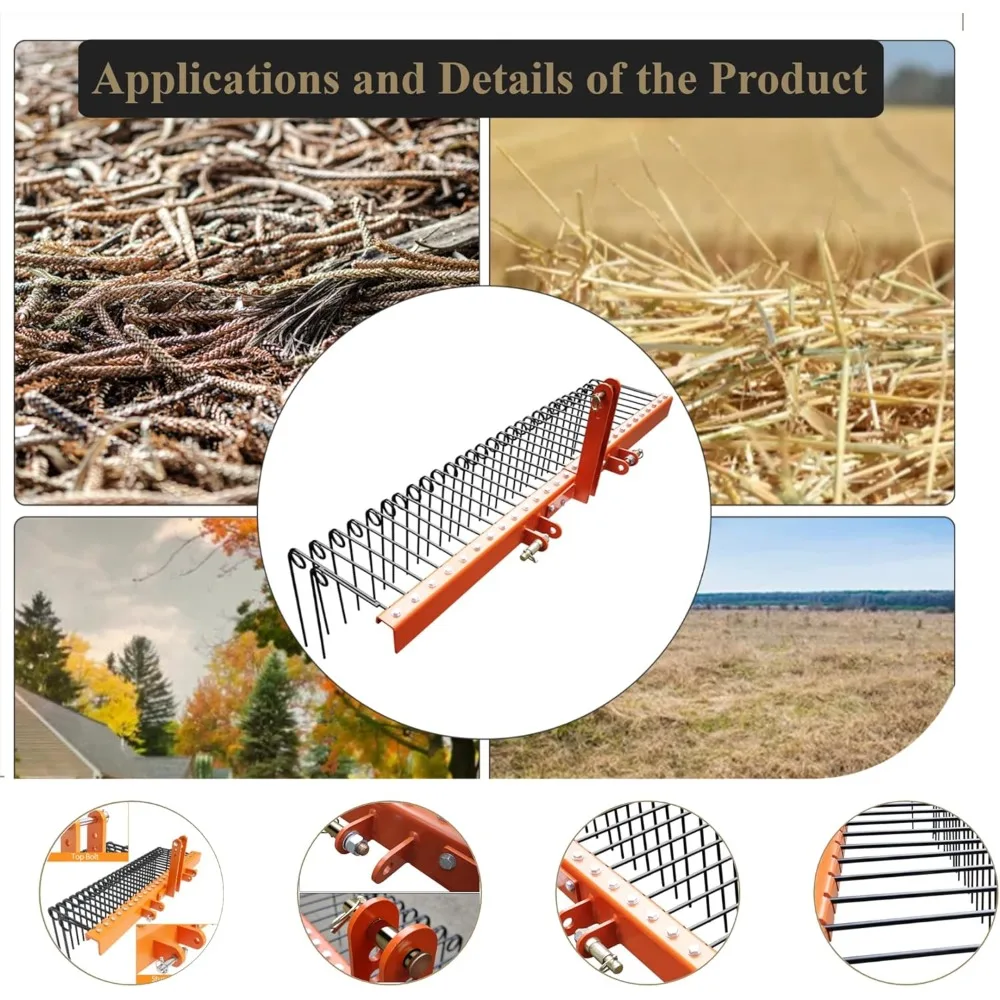 Point Landscape Rake for Tractor, 72 Spring Pine Straw Rake with 30 Steel Tines, Suitable for Cat1 Cat2