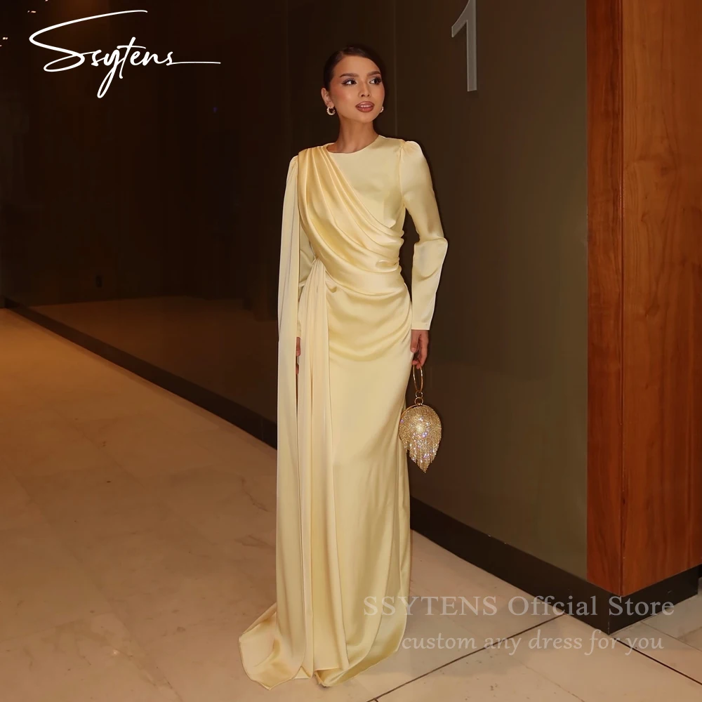 SSYTENS 우아한 노란색 새틴 이브닝 드레스 긴 소매 공식 행사 드레스 결혼식 사우디 아라비아 파티 파티 가운 맞춤형