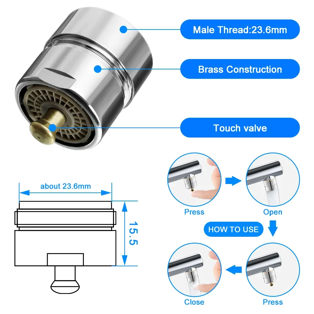 1Pcs Brass One Touch Control Faucet Aerator Water Saving Tap Aerator Valve Male Thread 23.6mm Bubbler Purifier Stop Water