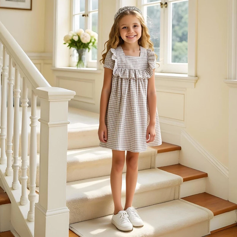 Summer Baby Girls Striped Dresses Plaid Flying Sleeve Birthday Party Dress Children Elegant Ruffled Clothing Cotton Girl Clothes