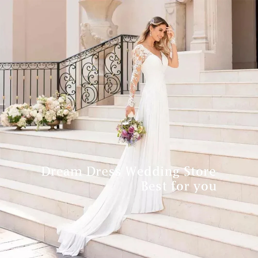 DREAM Customized Elegant Long A-Line Wedding Dresses V-Neck Floor-Length Sweep Train Brides Dress Women Vestidos De Novias 2024