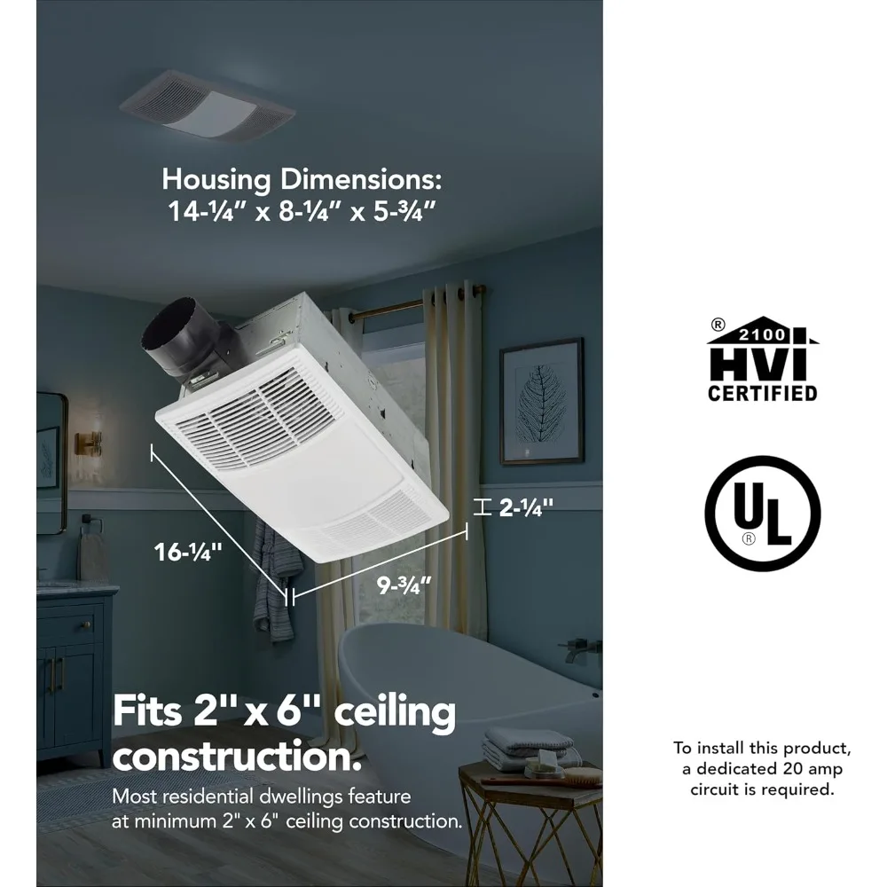 الأدوات وتحسين المنزل BHFLED80 PowerHeat مروحة عادم الحمام والسخان ومجموعة إضاءة LED، 80 CFM
