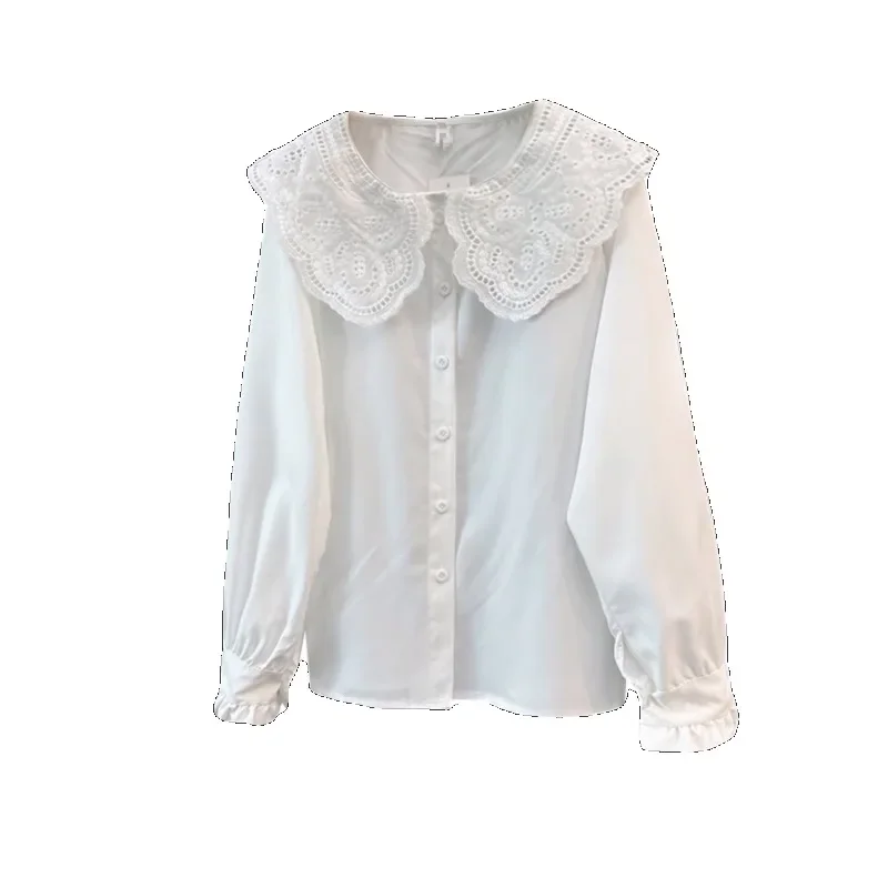 Korejpaa Lace Peter Pan Collar White Shirt Female Spring Autumn 2024 New French Temperament Joker Bottoming Shirts Womens Tops