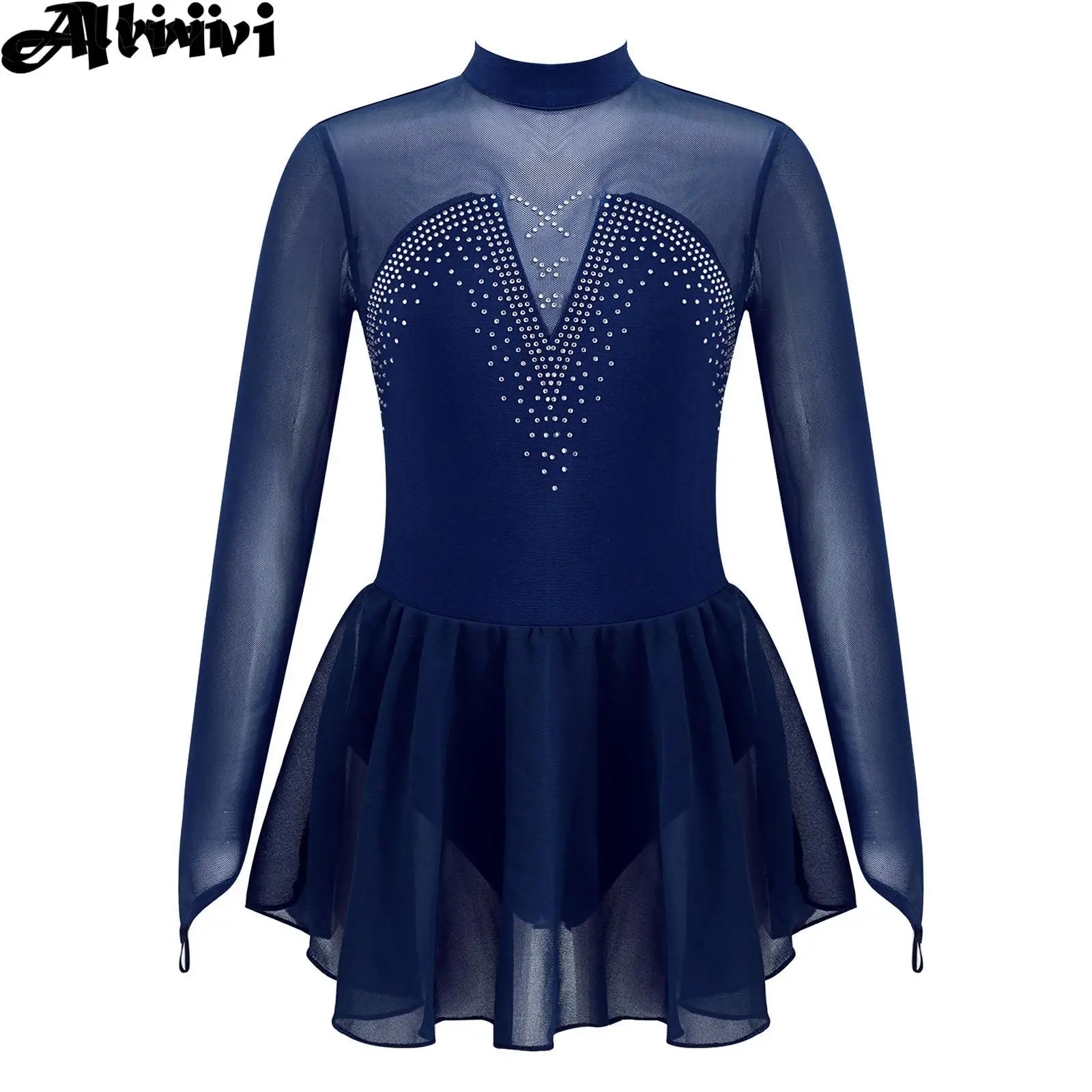 Kids Girls Figure Skating Dress Modern Lyrical Dance Ballet Gymnastics Costume Long Sleeve Sheer Mesh Rhinestone Leotard Tutu