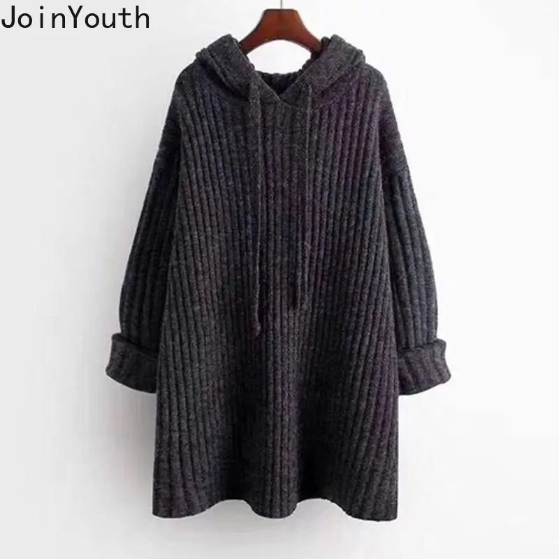 Oversized Pullovers Women Fall Winter Clothing Vintage Korean Jumper Hooded Bandage Sueter Mujer Casual Chic Knitted Sweater