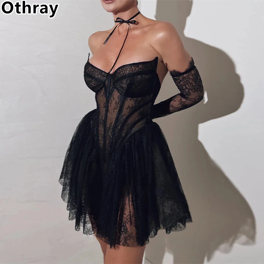 Othray-Mini robe de Rhnoire sexy, laçage au cou en cœur, dentelle plissée dans le dos, soirée de nuit, quelle que soit la petite robe noire, robe éducative