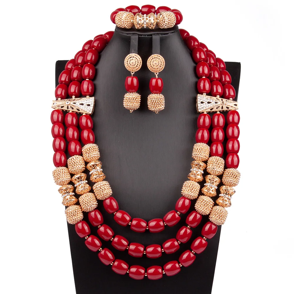 Nigerian 2 Layers Flower Necklace Imitation Coral Jewelry Set for Women Plastic Beads African Wedding Necklace ABG113