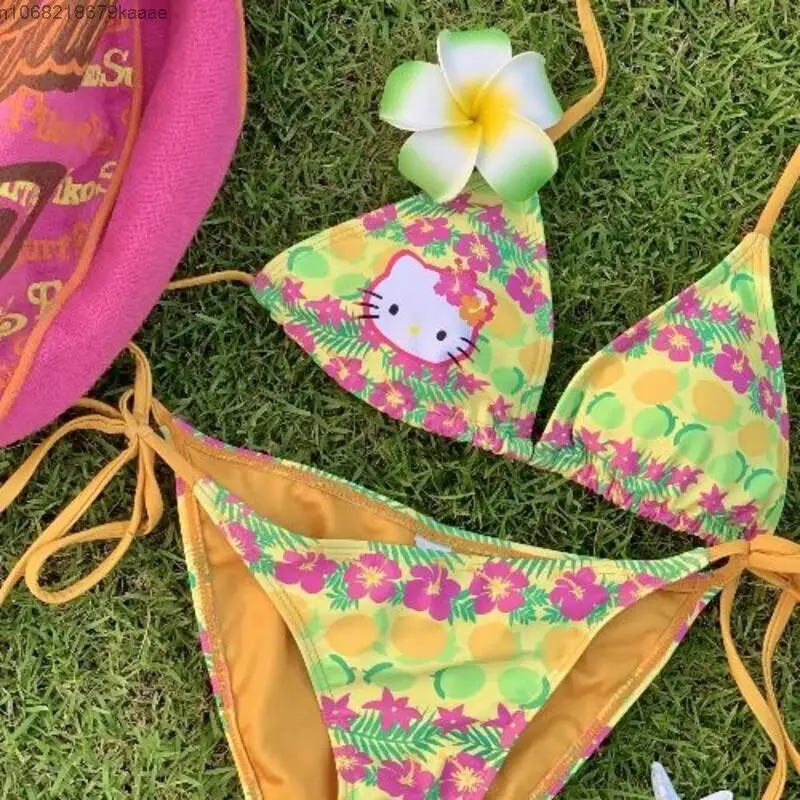 Sanrio Hello Kitty Bikini Sets Sling Bra Sexy Brief Two Piece Set Women Tropical Hawaii Style Trendy Swim Suit Underwear Panties