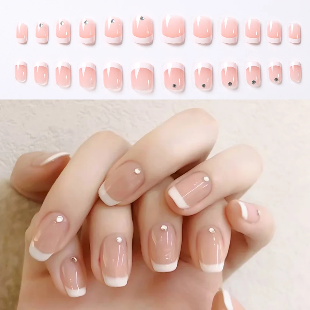 24pcs French White Edge False Nails Wearable Rhinestone Desgin Fake Nails Short Square Nail Tips Full Cover Press on Nails