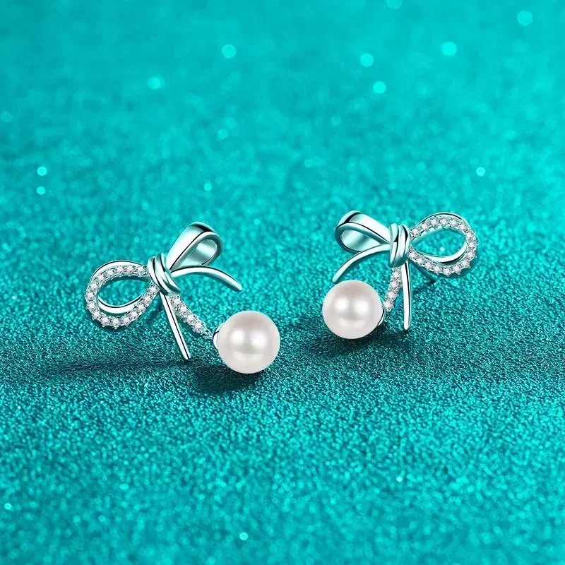 Sweet Inlaid 21 Point Moissanite Diamond Platinum Bow Earrings, Cute Designed 7mm Freshwater Pearl PT950 Earrings for Women Gift