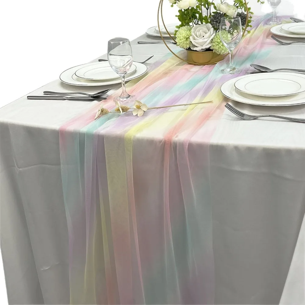 New 75X180CM Table Runner Gradient Gauze Table Cloth Rainbow Sheer Mesh Dining Table Decoration Brithday Party