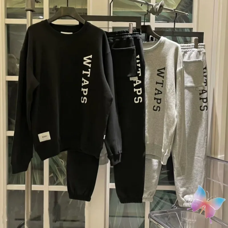 Winter Side Letter Print Wtaps Sweatshirts Set Cotton Casual Loose Street Cleanfit Drawstring Jogging Pants Men Women Sweatpants