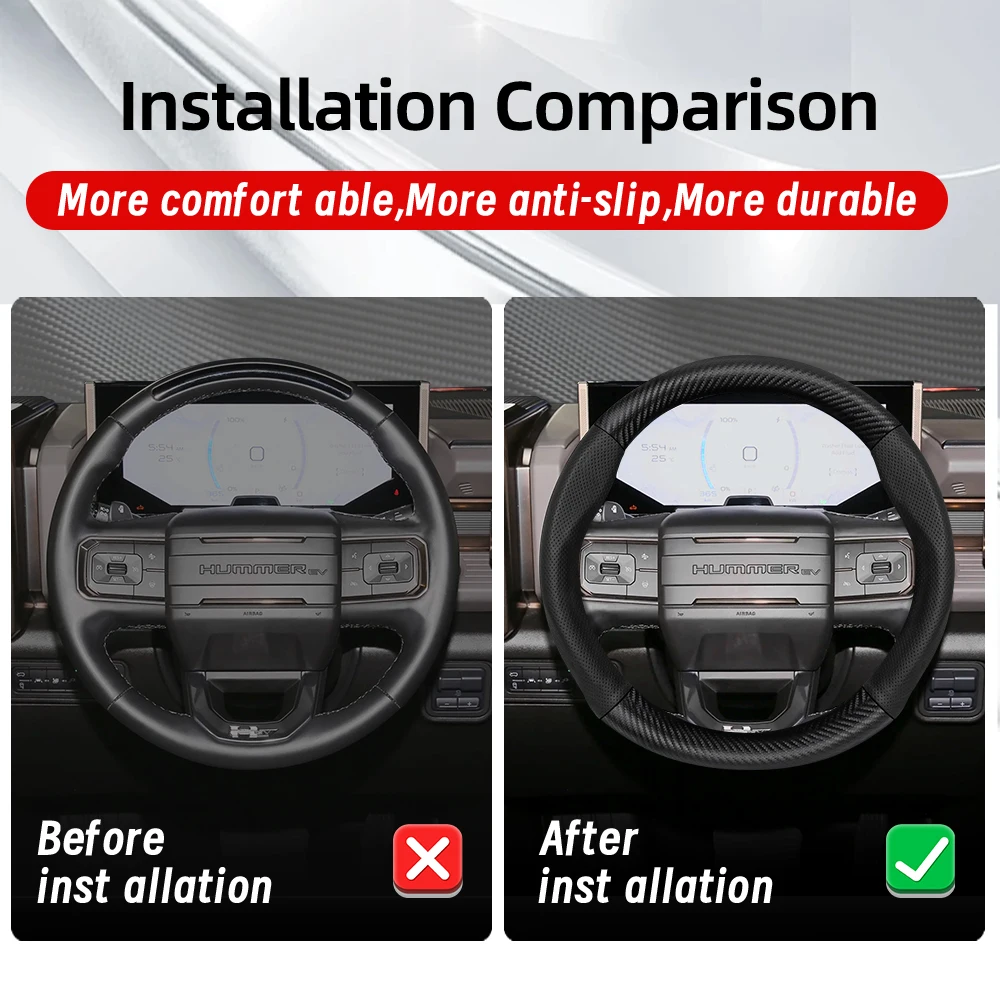 Suitable for Gmc Breathable Leather Matte Carbon Fiber Texture Steering Wheel Cover for Models Such as Sierra 1500 Hd Ev, Yukon, Terrain, Acadia, Canyon, Savana, Hummer Ev, Etc., Black Mocha Car Accessories
