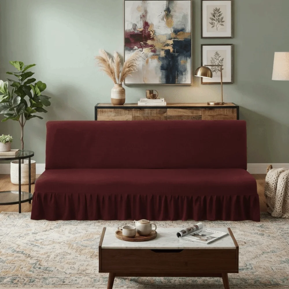 Elastic Armless Futon Sofa Cover with Skirt Stain-resistant Folding Sofa Bed Cover Breathable Skin-friendly Sofa Slipcover Hotel