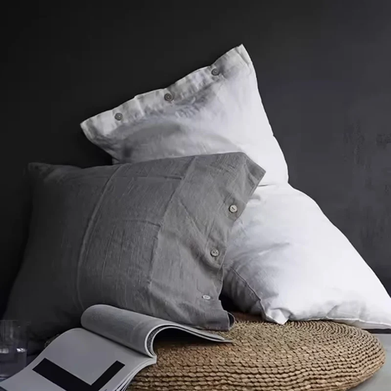 100% Linen Solid Color Pillow Cover Coconut Button Rectangular White Pillowcase Bedding Pillow Case