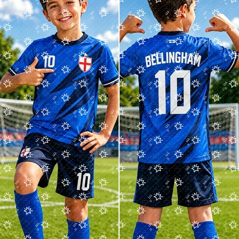 Kids Bellingham 10 England Football Jersey Set Red Swirl Print Short Sleeve Soccer Shirt + Navy Shorts Piece Boys Sport Outfit