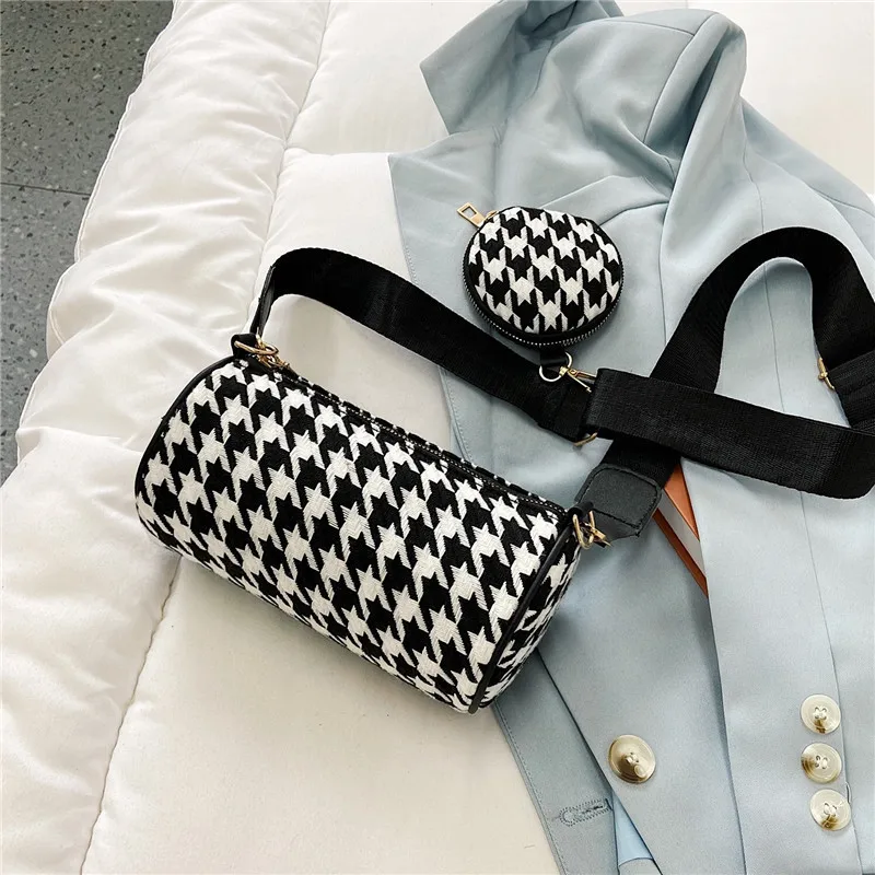 Fashion Houndstooth Plaid Printing Shoulder Bags With Mini Round Purse Women Casual Small Crossbody Bags 2pcs Composite Bags