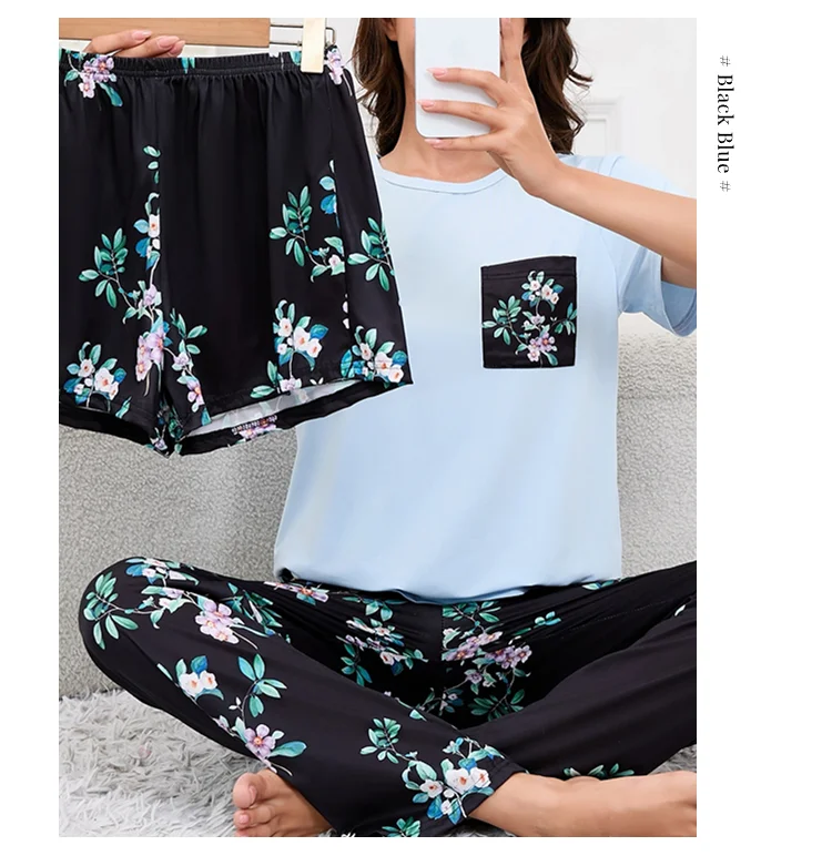 Damen-Pyjama, Heimanzug, weicher Komfort, Nachtwäsche, Loungewear, Herbst, Rundhalsausschnitt, Tops und Shorts, Pyjamahose, 3-teiliger Pyjama für Damen – Detail 13