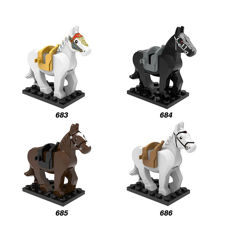 Mini Blocos de Figuras de Ação para Crianças, Blocos de Plástico, Brinquedo de Sela, Cavaleiro Medieval, Cavalo e Lobo