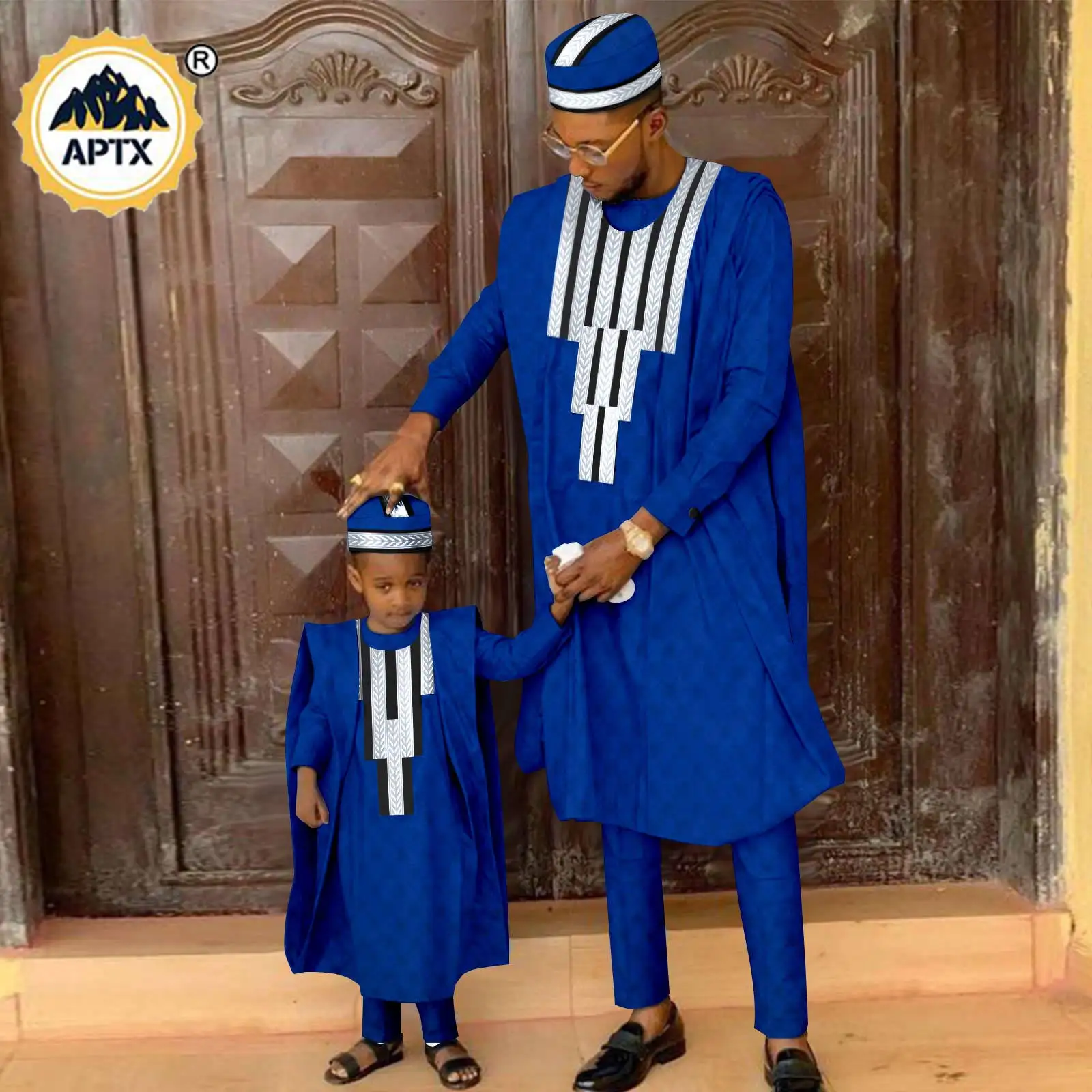 African Matching Outfit for Family Bazin Riche Muslim Sets Dashiki Father and Son Attire Agbada Robe Shirt and Pants Hat Y23F001