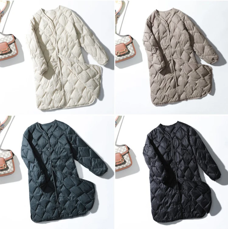 Schinteon Women Ultralight White Duck Down Long Jacket Argyle V-neck Collar Casual Autumn Winter Outwear Coat 2026 New Fashion