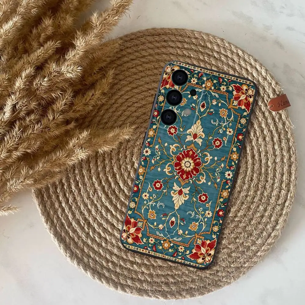 Perzisch tapijt bloemenpatroon telefoonhoesje voor Samsung S25, S24, S21, S22, S23, S30, Ultra, S20, Plus, Fe, Lite, Note, 10,9,5G zwarte cover