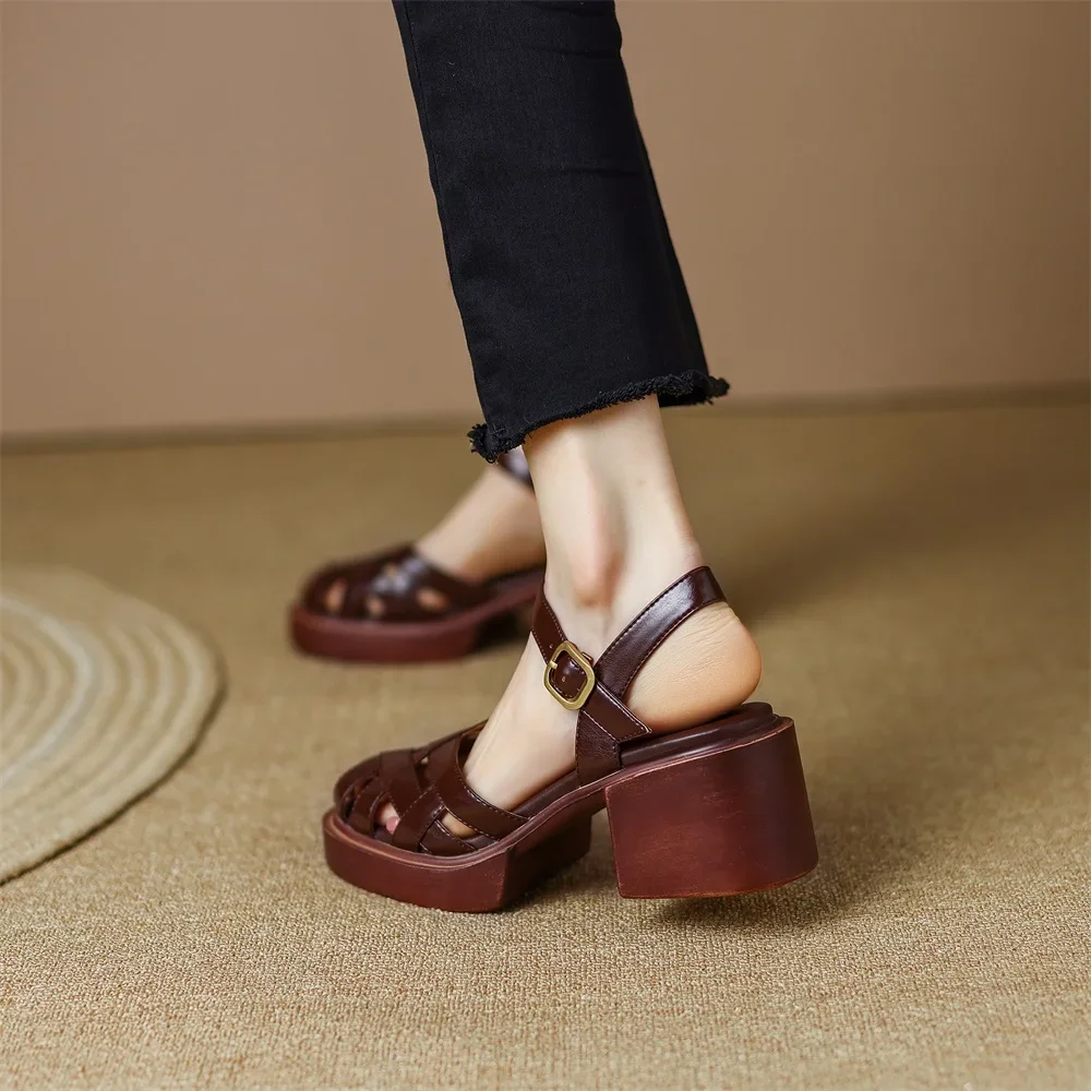 2024 Summer New Women Shoes High Heel Roman Sandals Cow Patent Leather Daily Buckle Strap Lady Casual Footwear Brown Size 40