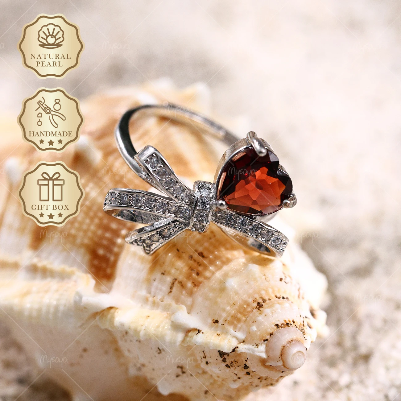 

Серебряное кольцо Mysoya с большим бантом и натуральным гранатом в форме сердца, 8 мм, 1,49 карата, подарочная коробка, подарок на День святого Валентина или день рождения для нее