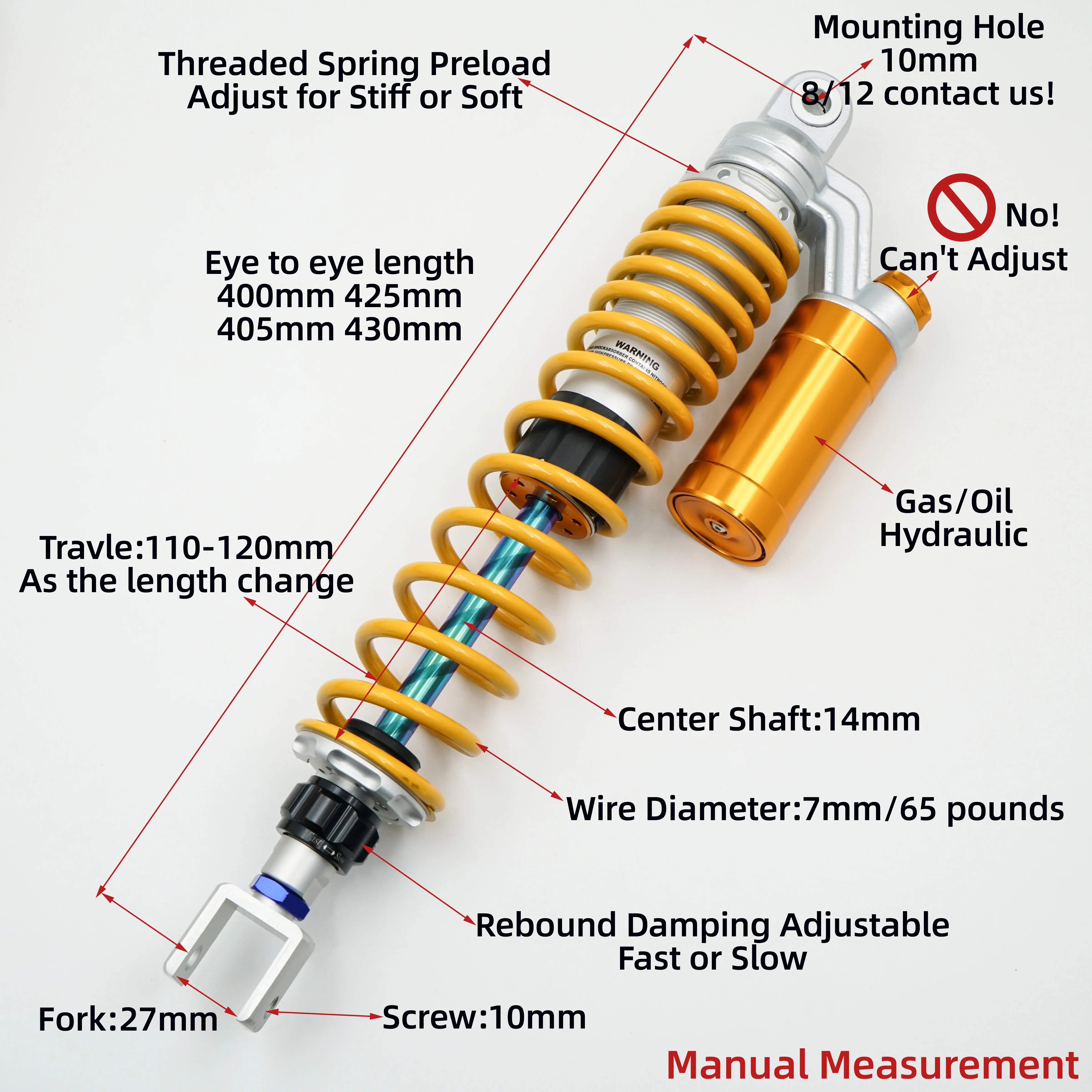 Fork 27mm 400mm/405mm/425mm/430mm/410mm/435mm Long Travel Rear Shocks for Forza 350 Compression/Rebound Damping Upgrade/ Lift