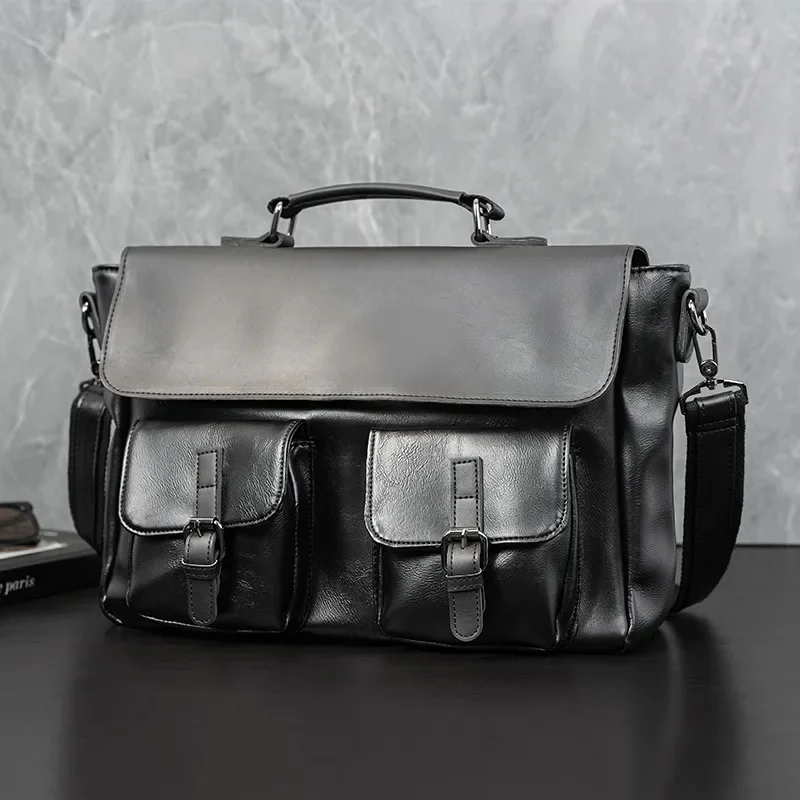 Vintage Leather Men's Briefcase Large Capacity Shoulder Messenger Bag Business Man Handbag